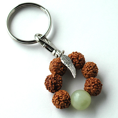 ルドラクシャと天然石&天使の翼付きキーホルダー6375