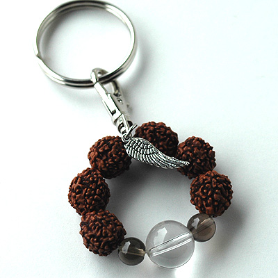 ルドラクシャと天然石&天使の翼付きキーホルダー6377