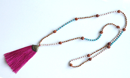 ルドラクシャとビーズのタッセルロングネックレス6407