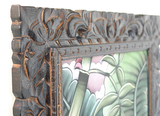 バリの鳥と花の絵画自然木のフレーム