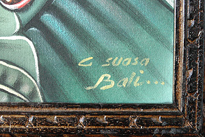 絵画・バリの鳥と花、画家のサイン